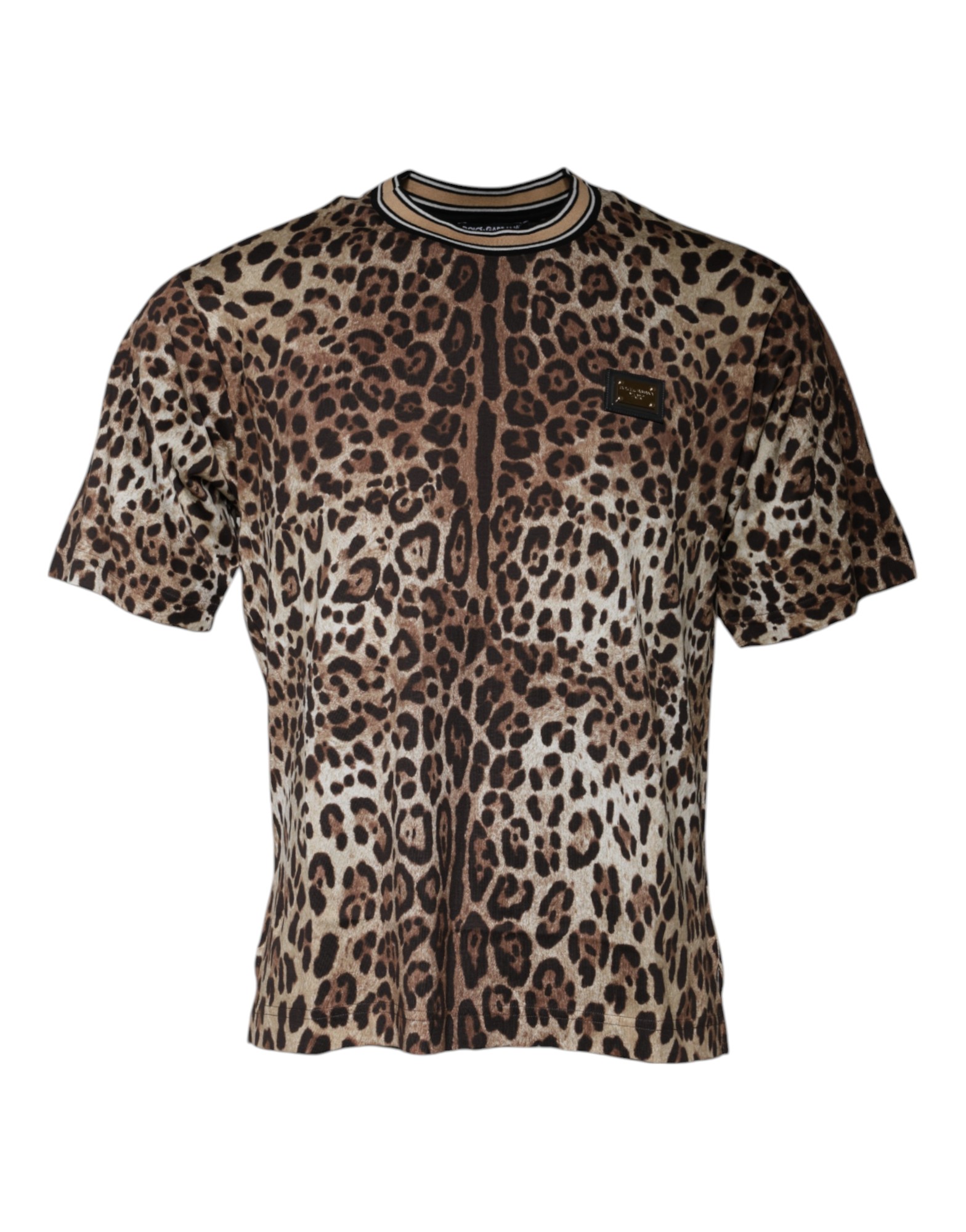 Dolce & Gabbana Mens Leopard Print Crew Neck Tshirt - Tan Cotton - Size EU 52 (Mens)