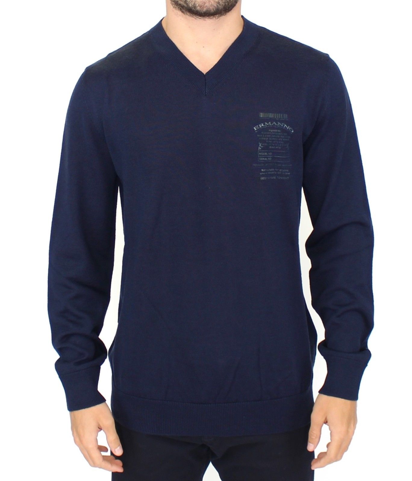 Ermanno Scervino Mens Vneck Merino Wool Sweater - Navy - Size EU 54 (Mens)