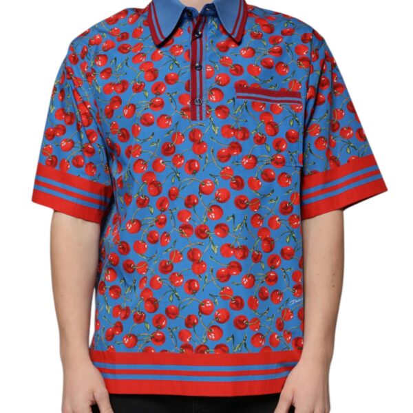 Dolce & Gabbana Mens Cherry Print Polo Short Sleeve - Sky Blue Cotton - Size EU 48 (Mens)
