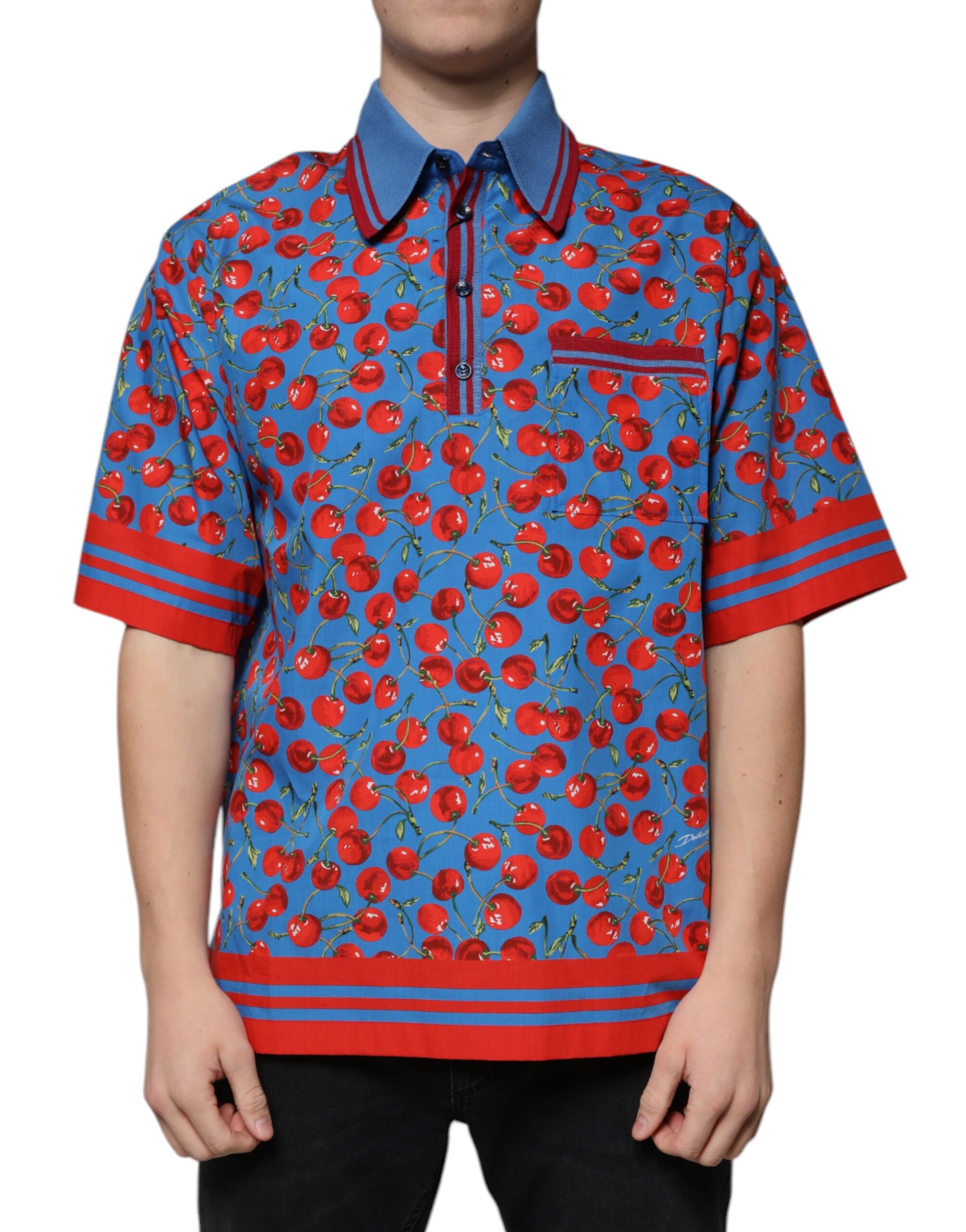 Dolce & Gabbana Mens Cherry Print Polo Short Sleeve - Sky Blue Cotton - Size EU 48 (Mens)