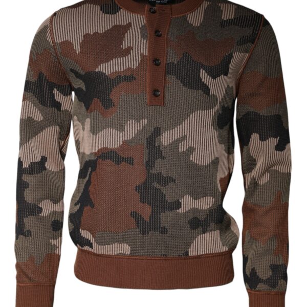 Dolce & Gabbana Mens Camouflage Knit Henley Sweater - Brown Cotton - Size EU 48 (Mens)