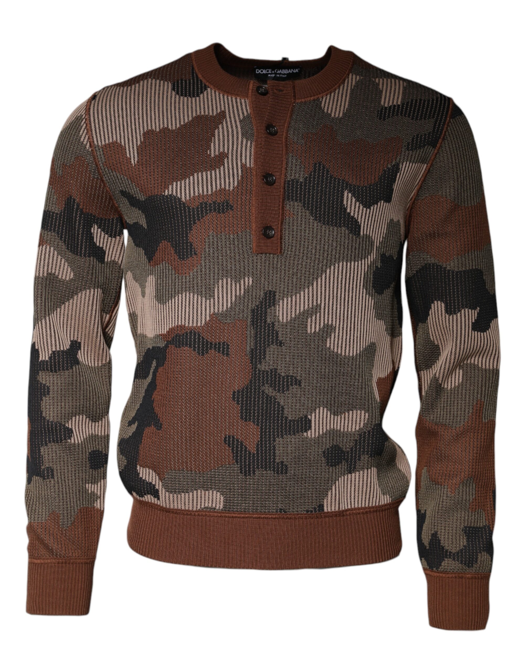 Dolce & Gabbana Mens Camouflage Knit Henley Sweater - Brown Cotton - Size EU 48 (Mens)