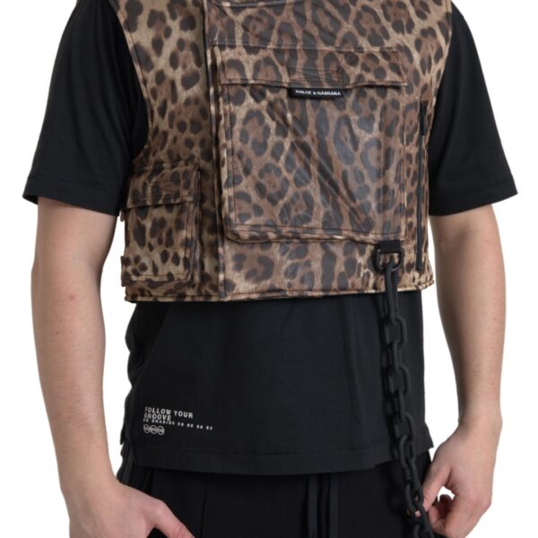 Dolce & Gabbana Mens Leopard Print Utility Vest - Tan Silk - Size EU 54 (Mens)