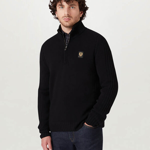 Belstaff Mens Watch Quarter Zip Jumper in Black Merino - Size Large