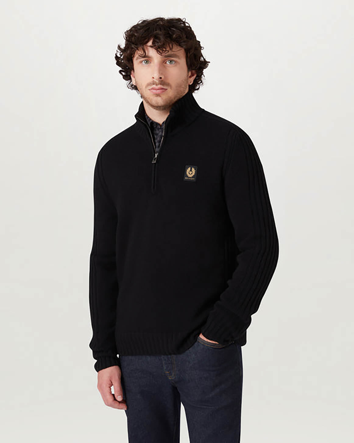 Belstaff Mens Watch Quarter Zip Jumper in Black Merino - Size Large