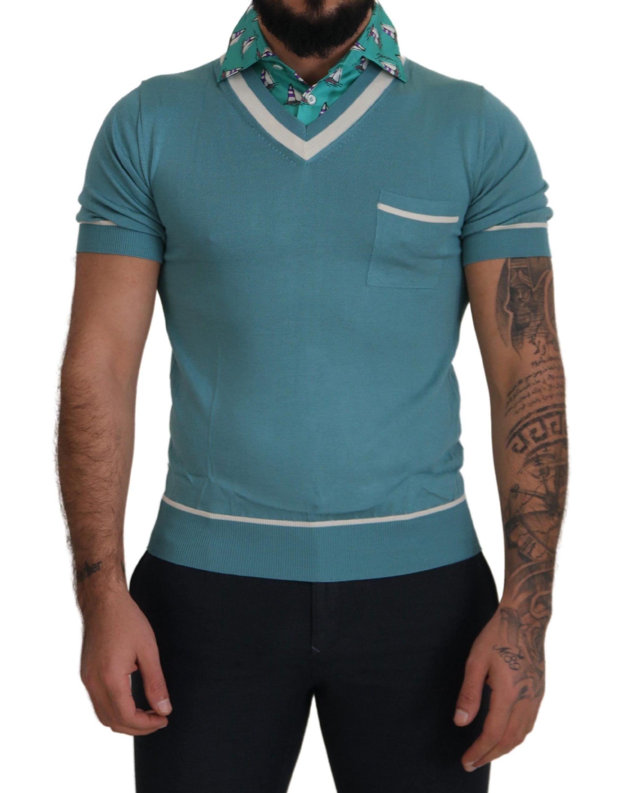 Dolce & Gabbana Mens Short Sleeve Vneck Knit Top - Marine Silk - Size EU 50 (Mens)