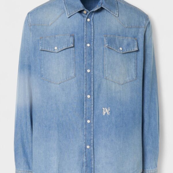 Palm Angels Mens Pa Monogram Denim Shirt Light Blue - Size Medium