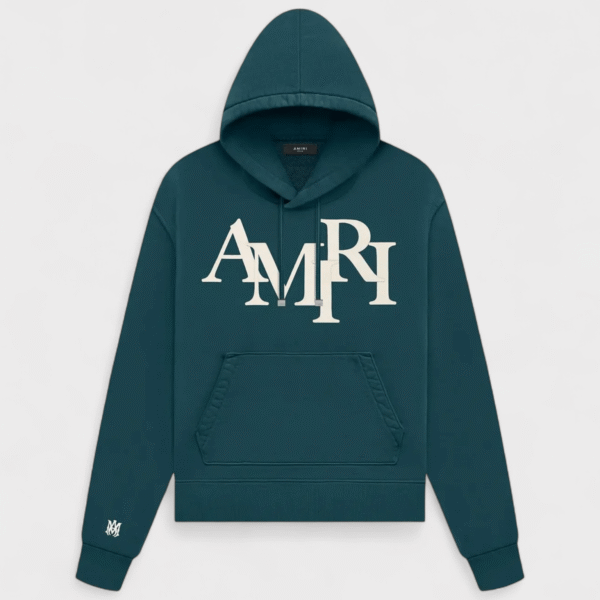 Amiri Mens Staggered Logo Hoodie Rain Forest - Green - Size 2XL