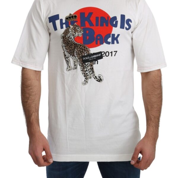 Dolce & Gabbana Mens Leopard Print Tshirt The King Is Back - White Cotton - Size EU 46 (Mens)
