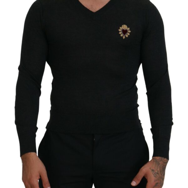 Dolce & Gabbana Mens Vneck Sweater Sacred Heart Appliqu - Black Cashmere - Size EU 44 (Mens)