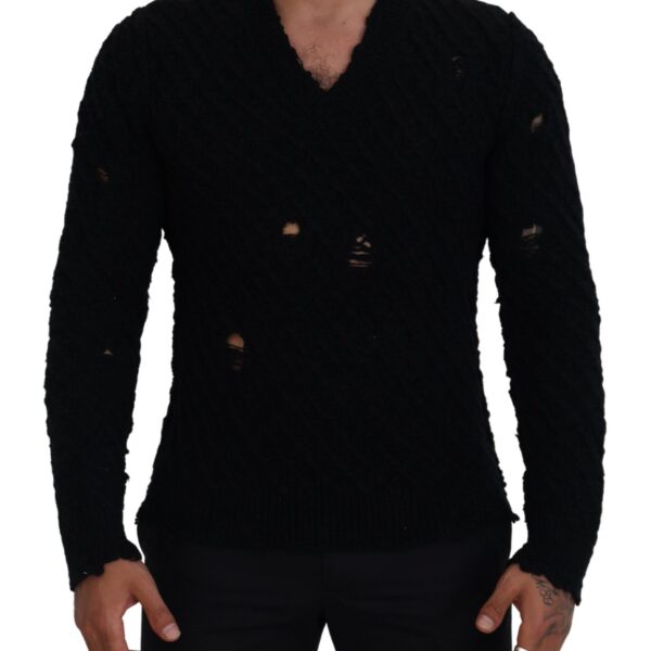 Dolce & Gabbana Mens Distressed Vneck Sweater - Black Cotton - Size EU 54 (Mens)