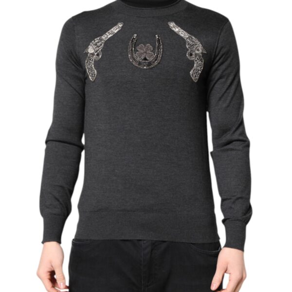 Dolce & Gabbana Mens Guns Clover Horseshoe Sweater - Grey Cashmere - Size EU 44 (Mens)