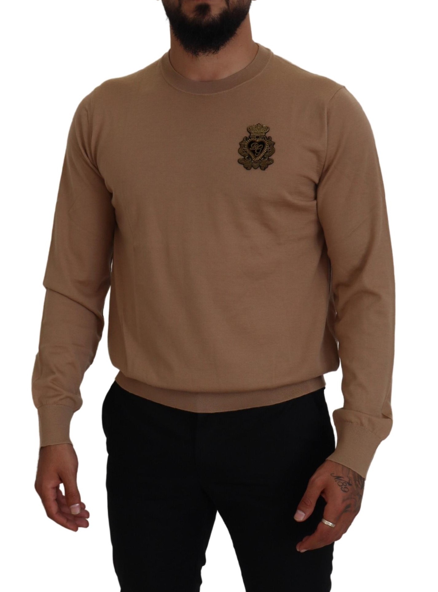 Dolce & Gabbana Mens Crew Neck Sweater Beige Emblem - Tan Cashmere - Size EU 54 (Mens)