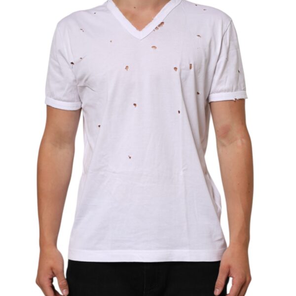 Dolce & Gabbana Mens Distressed Vneck Tshirt - White Cotton - Size EU 48 (Mens)
