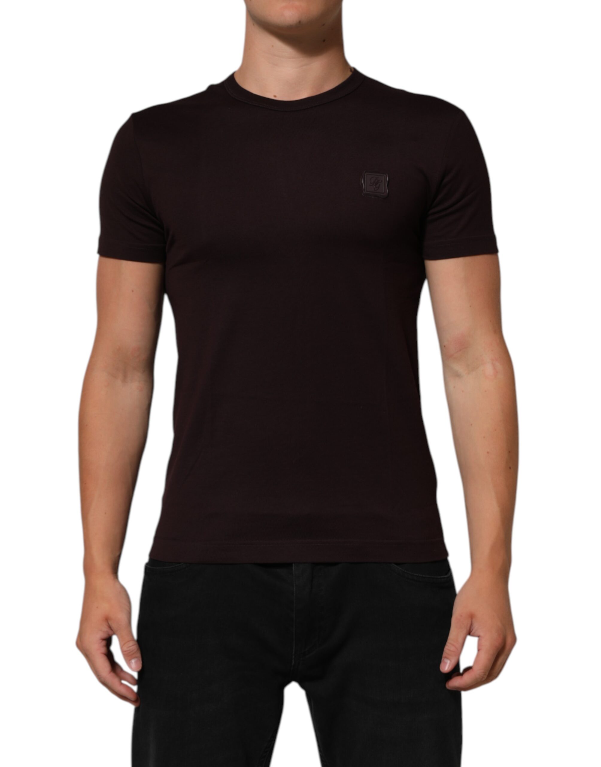 Dolce & Gabbana Mens Logo Patch Short Sleeve Tee - Dark Brown Cotton - Size EU 44 (Mens)