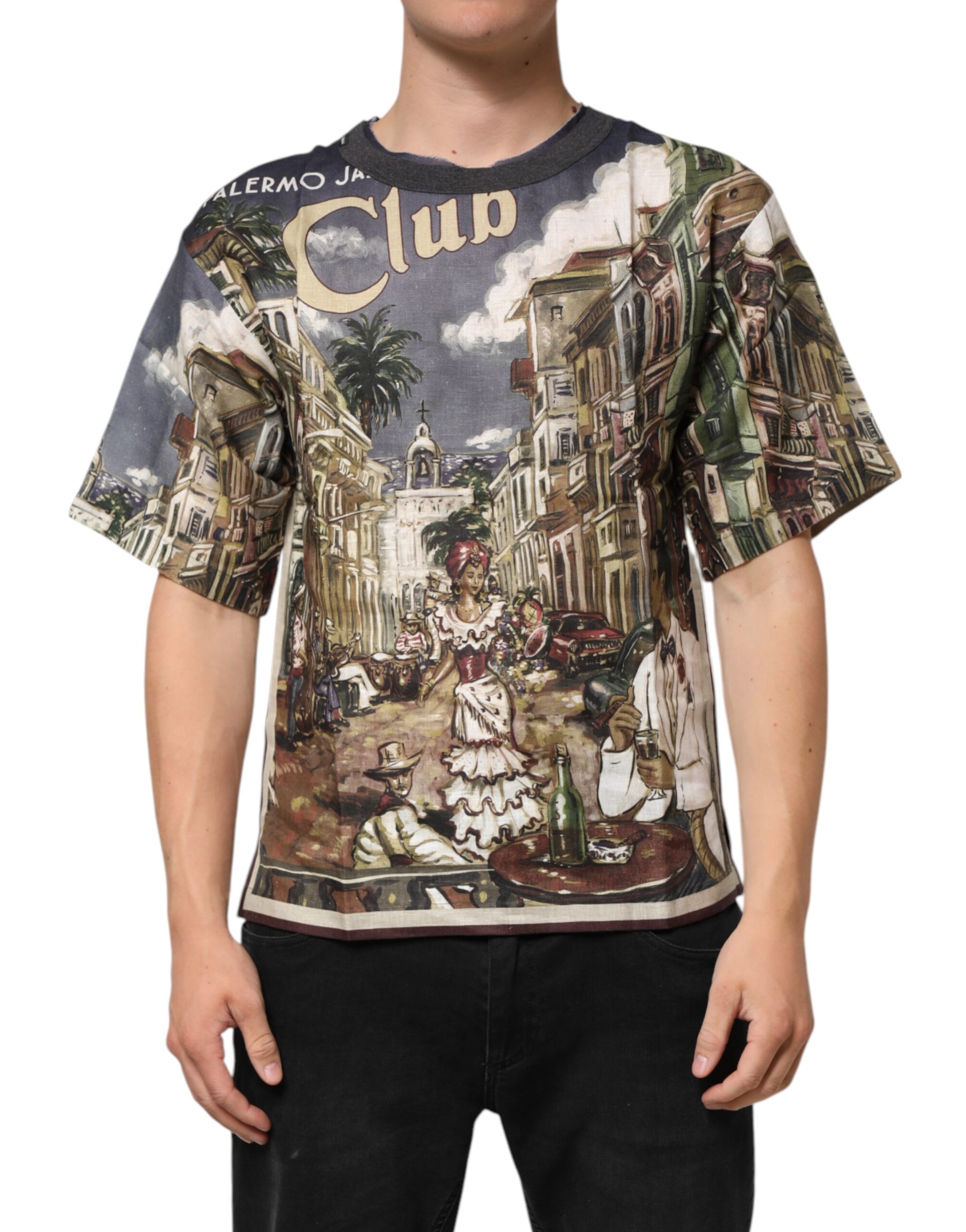 Dolce & Gabbana Mens Graphic Print Short Sleeve Tee - Grey Linen - Size EU 44 (Mens)