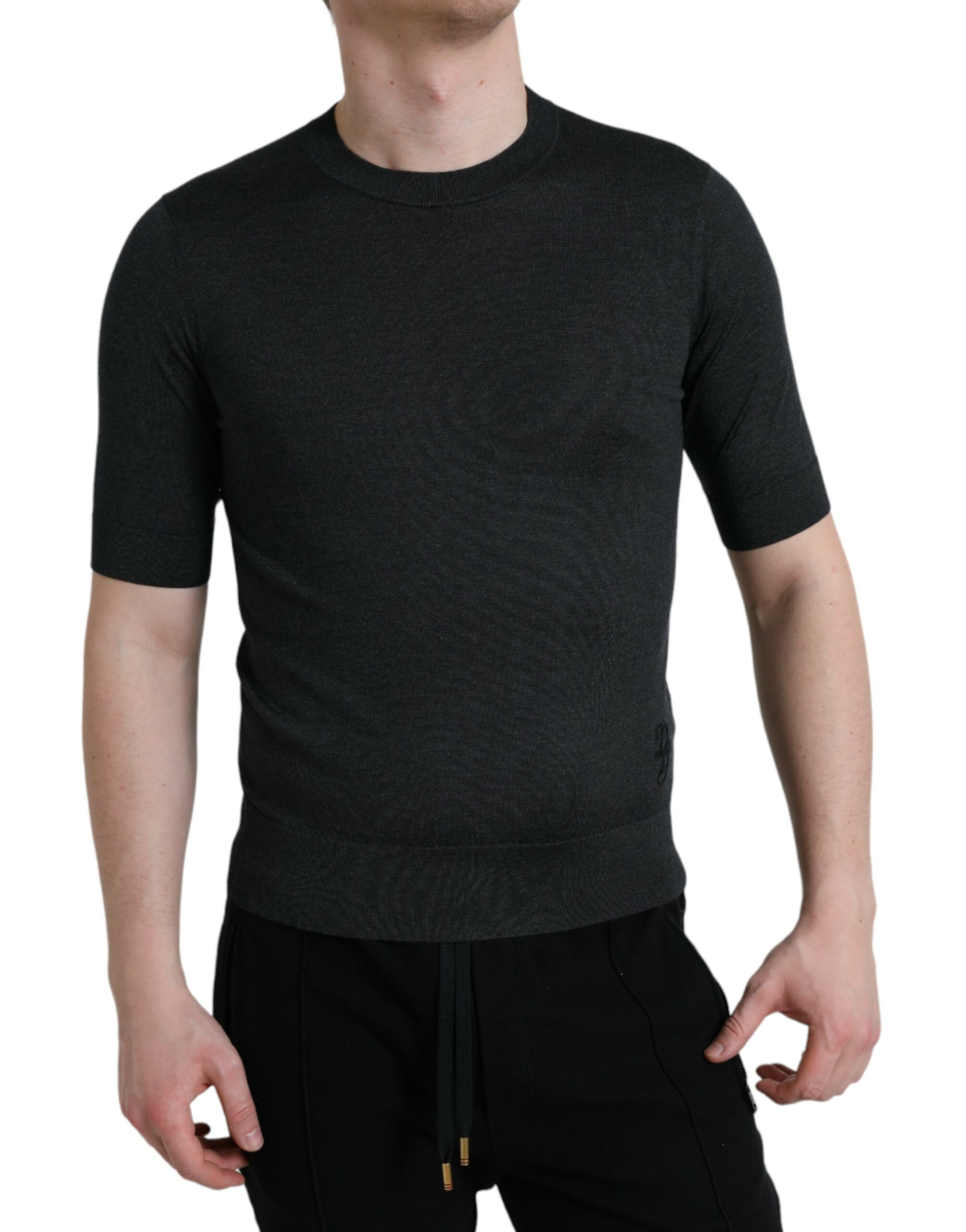 Dolce & Gabbana Mens Crew Neck Knit Tshirt Tsh84602 - Dark Grey Silk - Size EU 44 (Mens)