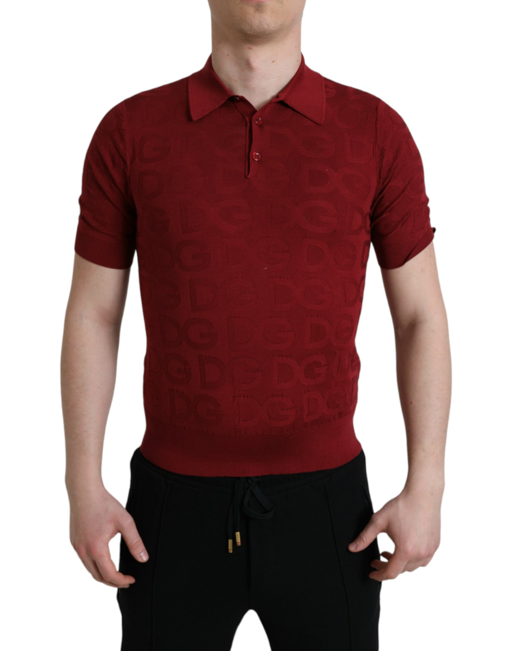 Dolce & Gabbana Mens Embossed Logo Polo Shirt - Dark Red Silk - Size EU 44 (Mens)