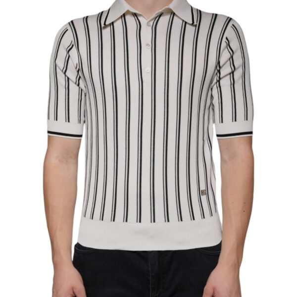 Dolce & Gabbana Mens Striped Knit Polo Shirt - White Silk - Size EU 44 (Mens)