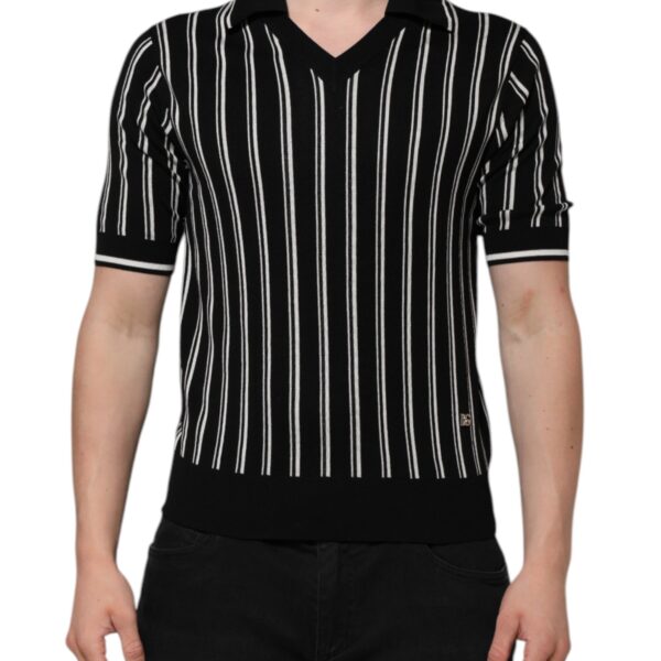 Dolce & Gabbana Mens Striped Vneck Polo Shirt - Black Silk - Size EU 44 (Mens)