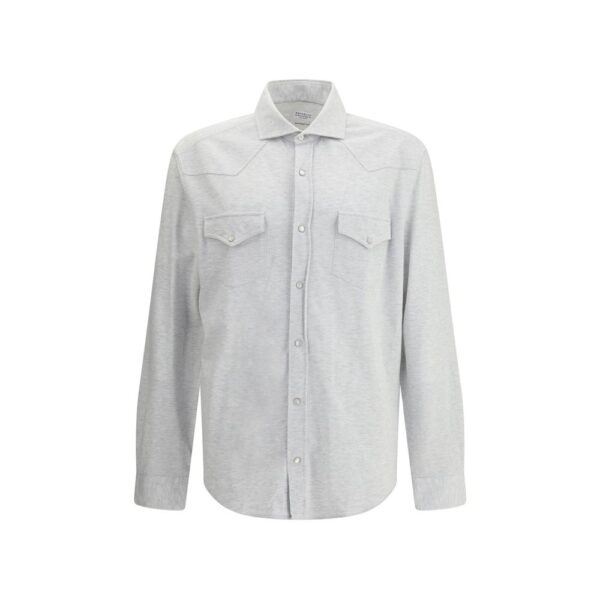 Brunello Cucinelli Mens Buttondown Long Sleeve Shirt - Light Grey Cotton - Size Medium