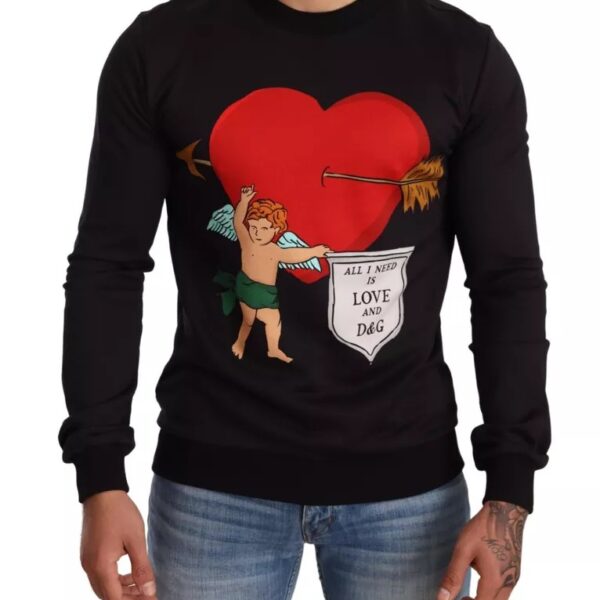 Dolce & Gabbana Mens Cupid Heart Sweatshirt Long Sleeve Crewneck - Black Cotton - Size EU 44 (Mens)
