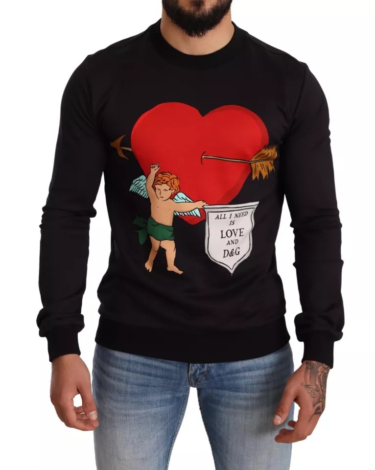Dolce & Gabbana Mens Cupid Heart Sweatshirt Long Sleeve Crewneck - Black Cotton - Size EU 44 (Mens)