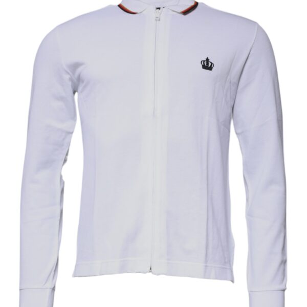 Dolce & Gabbana Mens Long Sleeve Zip Polo Shirt Crown Detail - White Cotton - Size EU 44 (Mens)