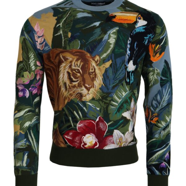 Dolce & Gabbana Mens Tiger Toucan Embroidered Sweater - Dark Grey Cotton - Size EU 46 (Mens)