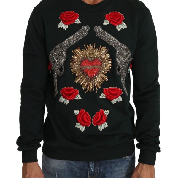 Dolce & Gabbana Mens Crewneck Sweatshirt Guns And Roses - Dark Green Cotton - Size EU 52 (Mens)