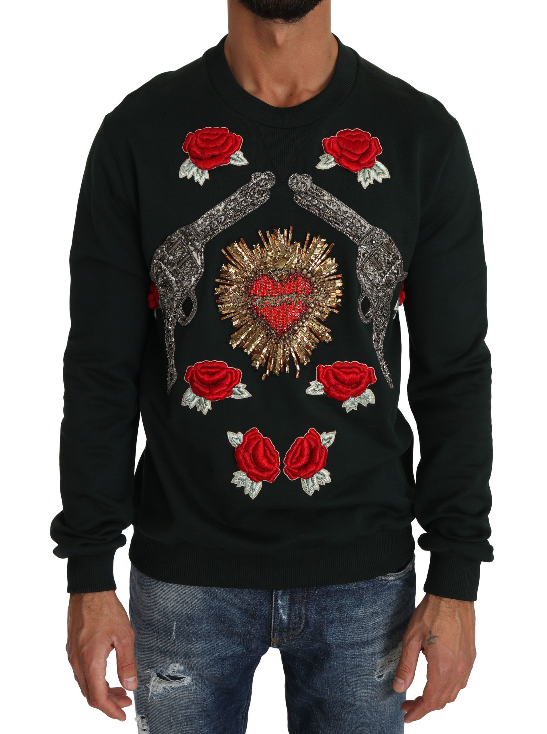 Dolce & Gabbana Mens Crewneck Sweatshirt Guns And Roses - Dark Green Cotton - Size EU 52 (Mens)