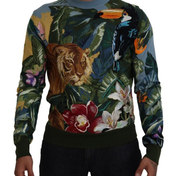 Dolce & Gabbana Mens Tiger Toucan Crewneck Sweater - Dark Green Cotton - Size EU 50 (Mens)