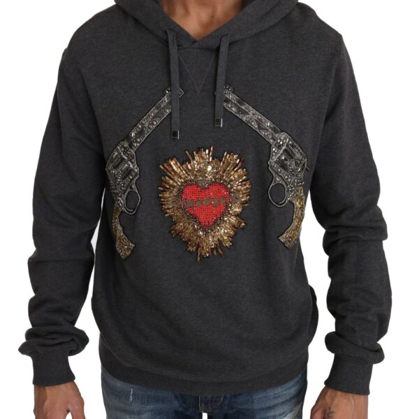 Dolce & Gabbana Mens Embellished Cotton Hoodie Guns And Heart - Grey - Size EU 50 (Mens)