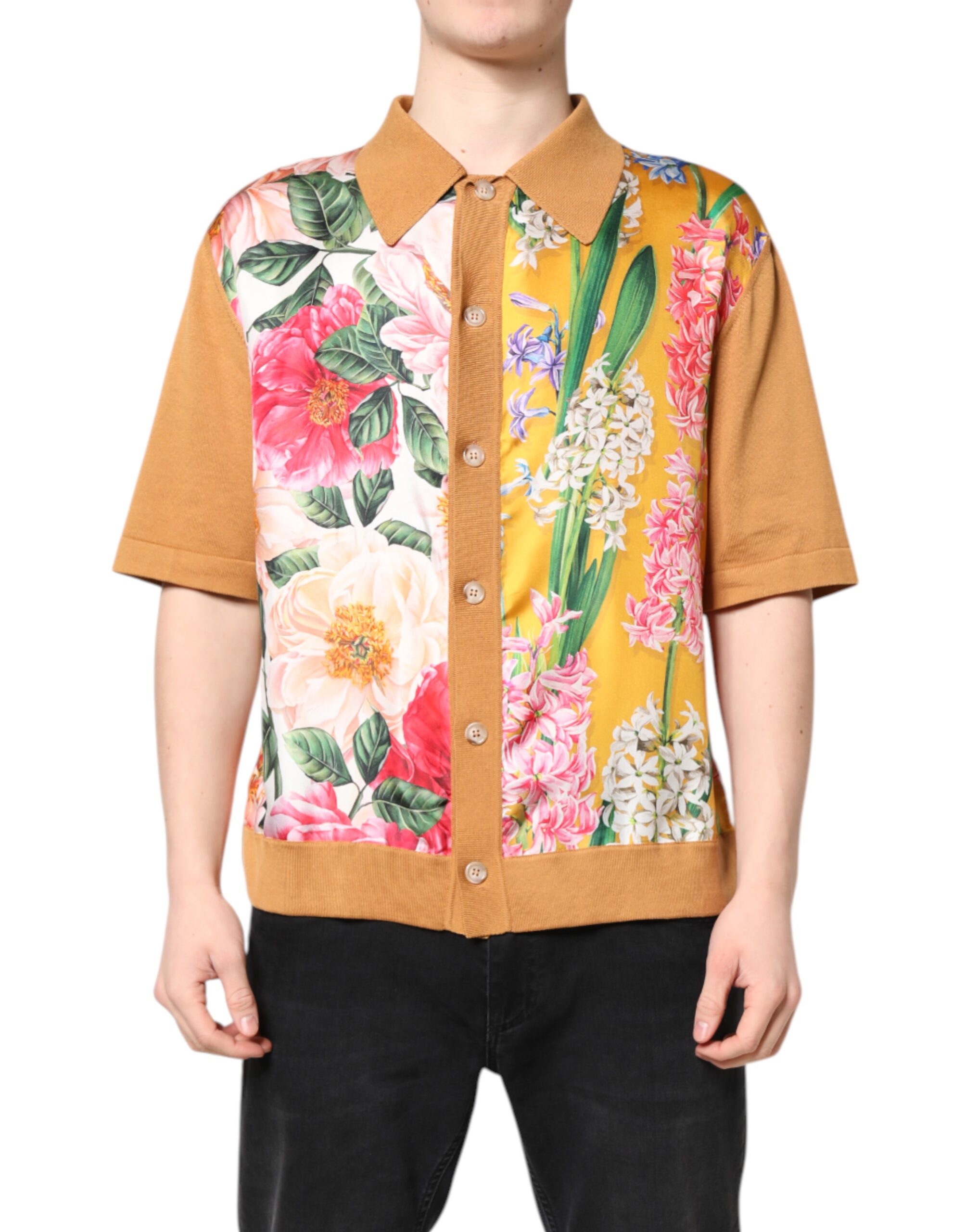 Dolce & Gabbana Mens Floral Print Knit Cardigan - Tan Silk - Size EU 48 (Mens)