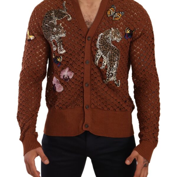 Dolce & Gabbana Mens Knit Cardigan Leopard Butterfly - Brown Cotton - Size EU 52 (Mens)