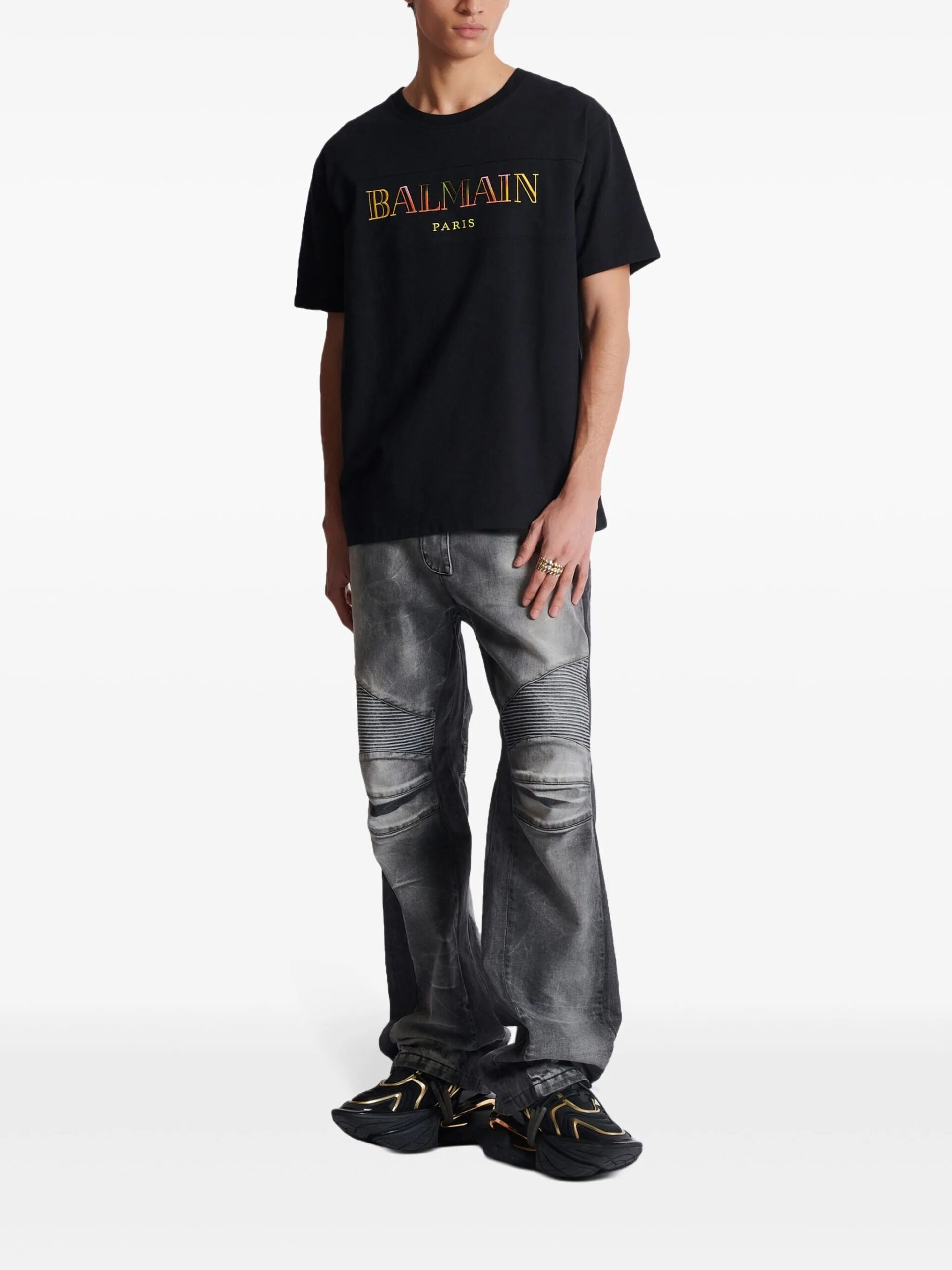Balmain Mens Multi-Coloured Embroidered Logo T-Shirt in Black Cotton - Size X-Small