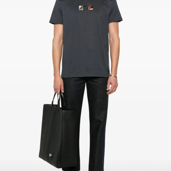 Fendi Mens Triple FF Logo T-Shirt in Navy Cotton - Size Medium