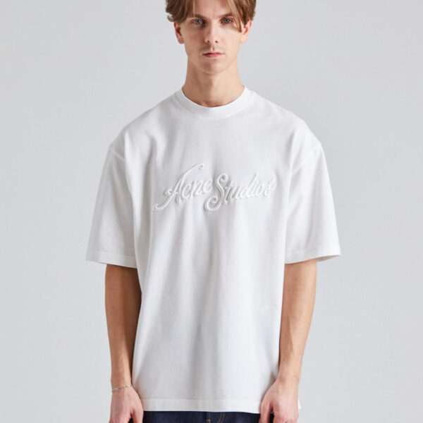 Acne Studios Mens Embroidered Logo T-Shirt in White Cotton - Size X-Small