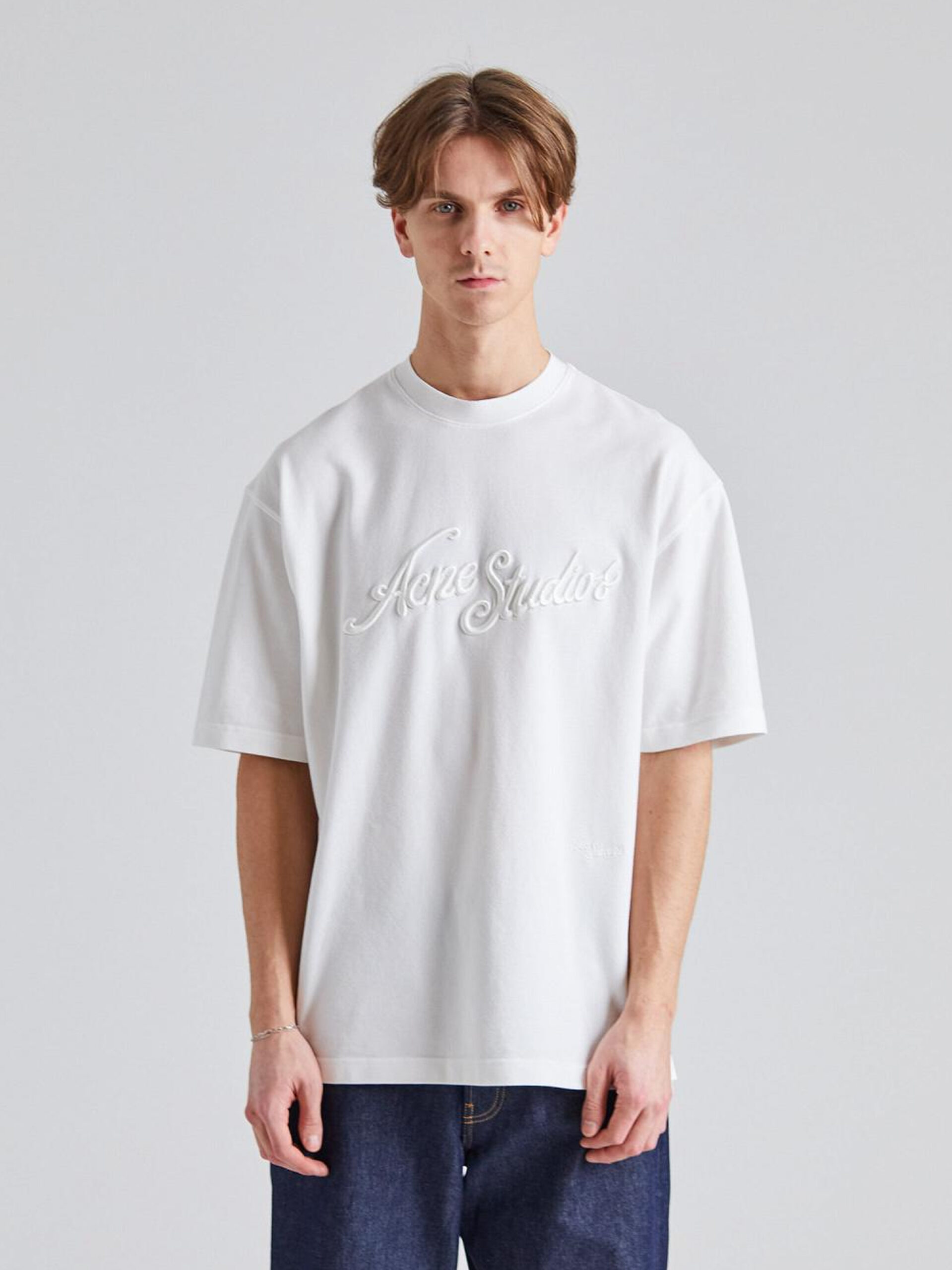 Acne Studios Mens Embroidered Logo T-Shirt in White Cotton - Size X-Small
