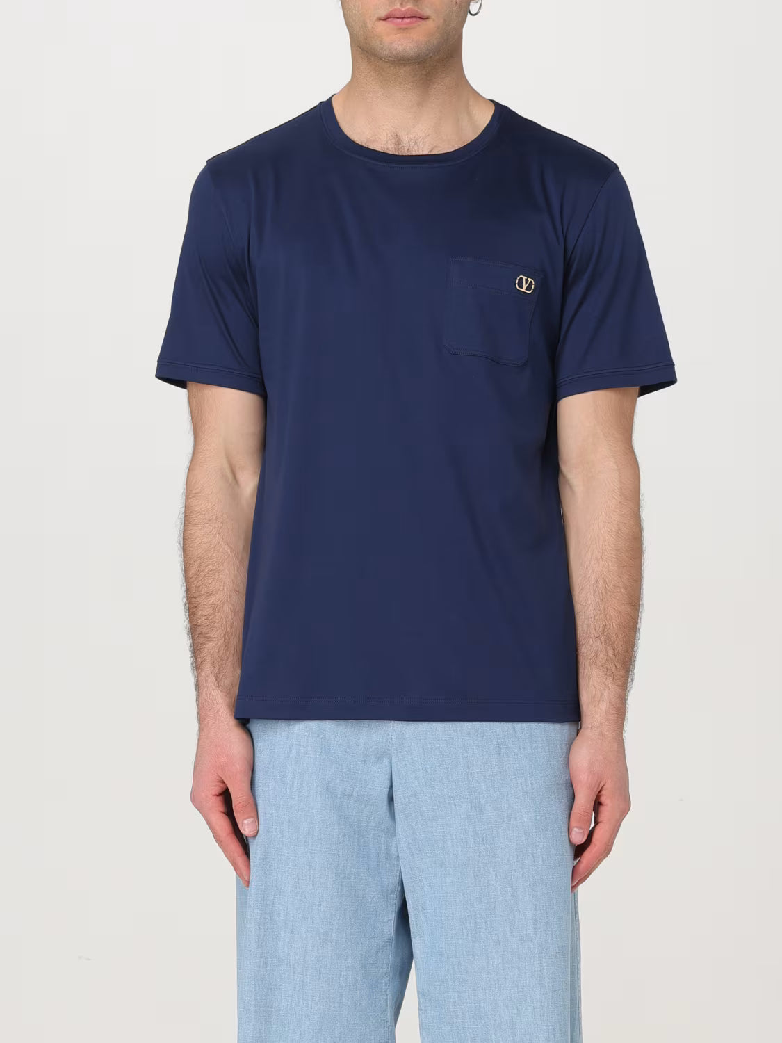 Valentino Mens Plaque Logo T-Shirt in Blue Cotton - Size Small