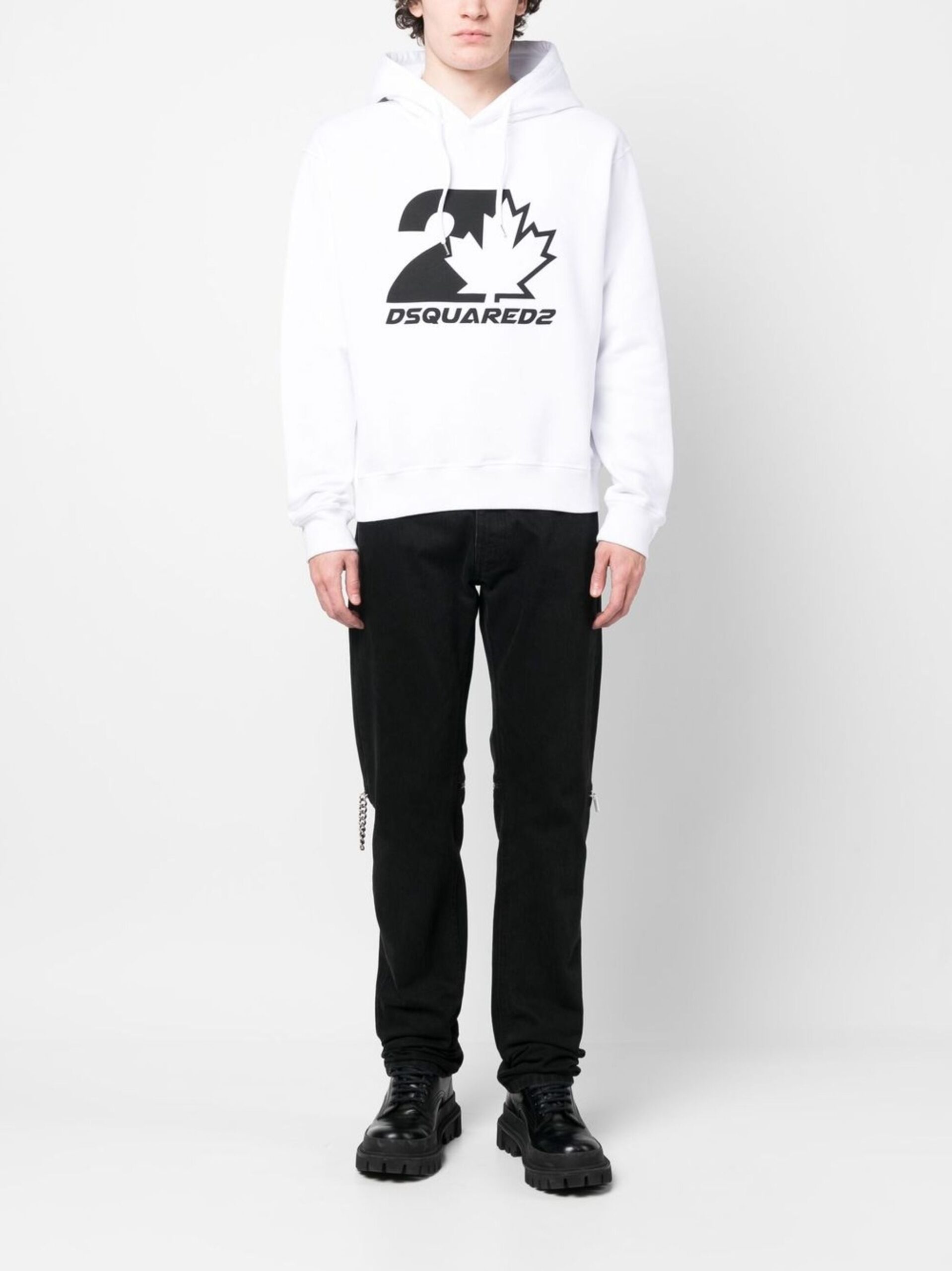 Dsquared Mens Cool Fit Maple Leaf Hoodie in White Cotton - Size X-Large