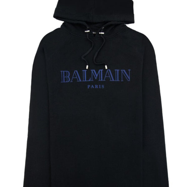 Balmain Mens Flocked Blue Printed Hoodie in Black - Size Small