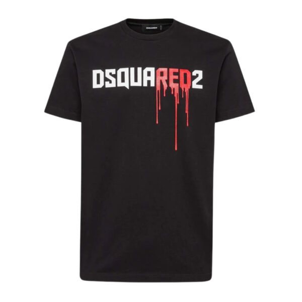 Dsquared2 Mens Bloody Red Logo Black T-shirt Cotton - Size Medium