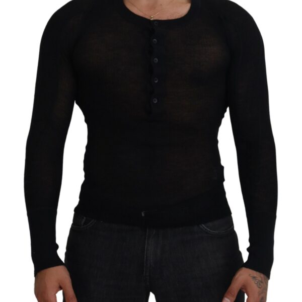 Dolce & Gabbana Mens Henley Neck Knit Sweater Long Sleeve - Black Cashmere - Size EU 44 (Mens)