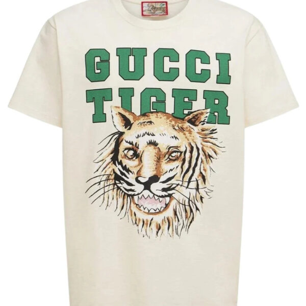 Gucci Mens Tiger Print Logo T-Shirt in White Cotton - Size Small