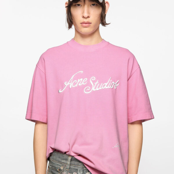 Acne Studios Mens Embroidered Logo T-Shirt in Pink Cotton - Size Medium