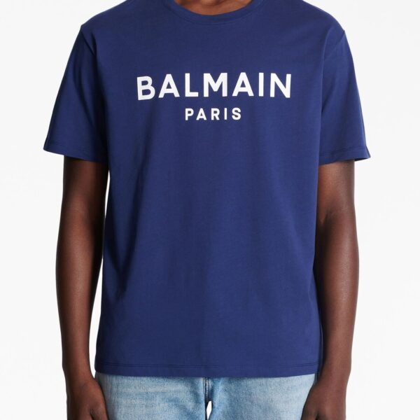 Balmain Mens Logo Print T-Shirt in Navy Cotton - Size Small