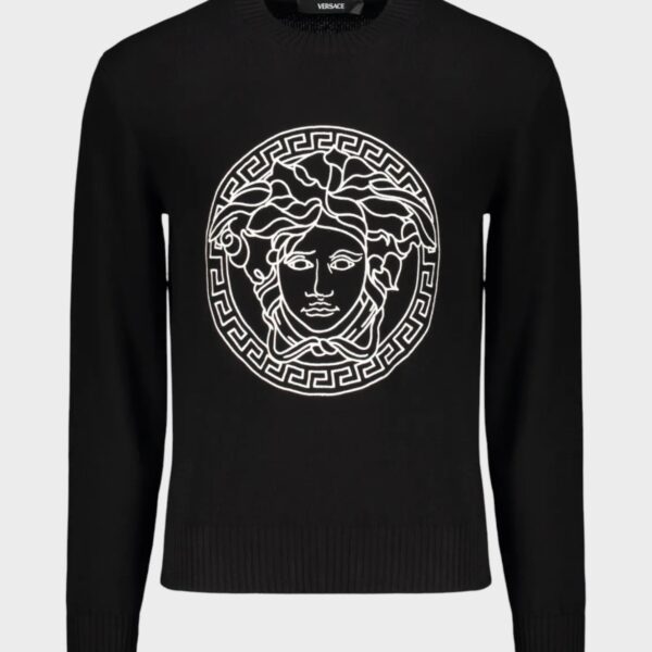 Versace Mens Medusa Embroidery Wool Crew Neck Sweater Black - Size X-Small