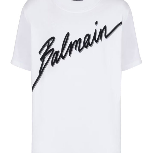 Balmain Mens Flocked Letter Logo T-Shirt in White Cotton - Size X-Large
