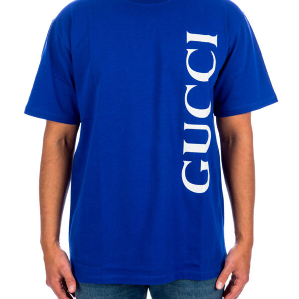 Gucci Mens Vertical Logo Printed T-Shirt in Purple Cotton - Size Large